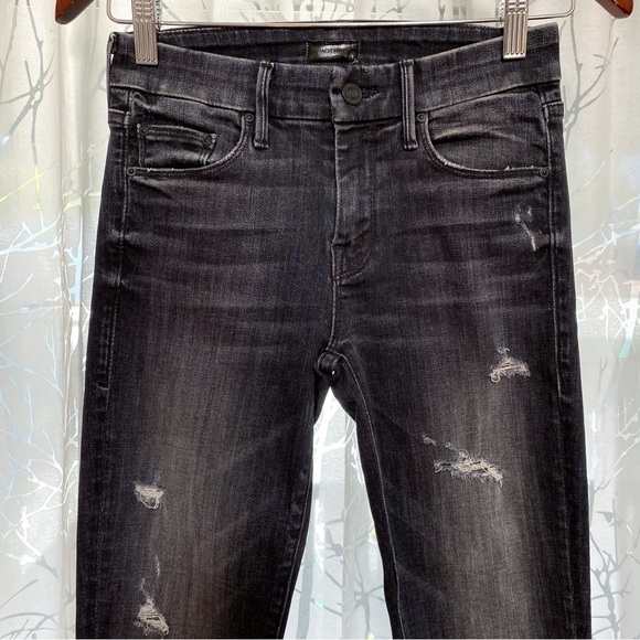 MOTHER STRETCH FADED BLACK DISTRESSED CRASH BURN LOOKER ANKLE FRAY SKINNY JEANS - Picture 5 of 13